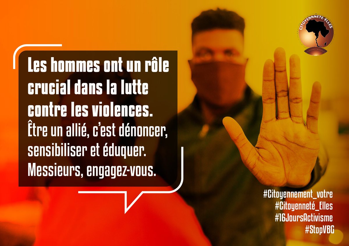 Les hommes ont un rôle crucial dans la lutte contre les violences. Être un allié, c’est dénoncer, sensibiliser et éduquer. Messieurs, engagez-vous. 

#Citoyennement_votre 
#Citoyenneté_Elles 
#16JoursActivisme 
#StopVBG