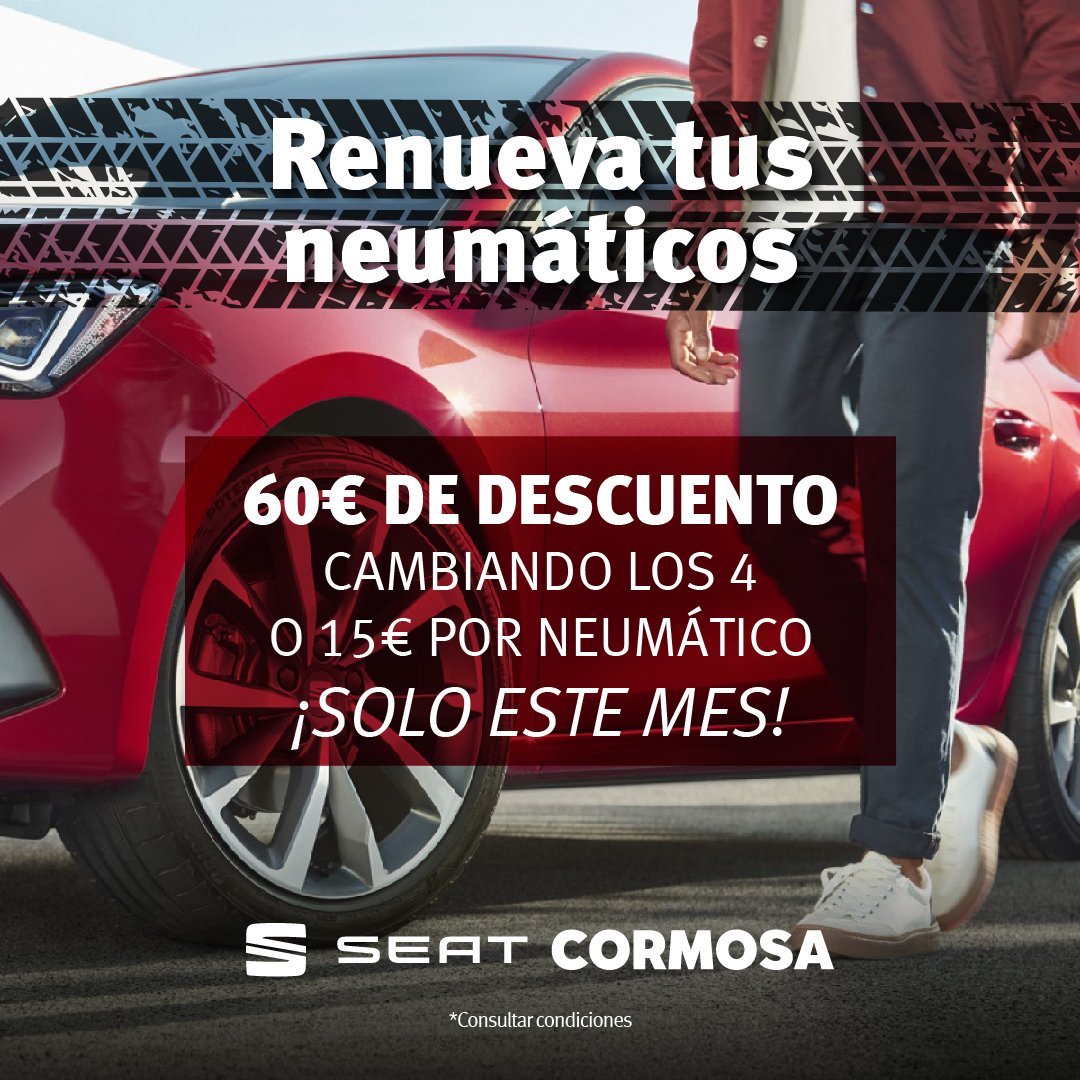 Sólo este mes en #SEATCormosa, este mes renueva tus neumáticos:

✨ 60€ de descuento cambiando los 4
ó
✨ 15€ de descuento por neumático

*Consultar condiciones