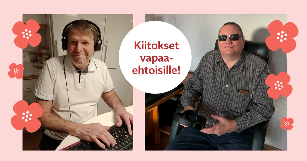 Hyvää #VapaaehtoistenPäivä! Tänä vuonna tunnustuksemme saa kaksi näkövammaista vapaaehtoistoimijaa, Hannu Kulmala ja Antti Yliluoma, jotka ovat jakaneet ajankohtaista tietoa muille näkövammaisille sisäisillä sähköpostialueillamme. 
#VapaaehtoisilleKiitos
nakovammaistenliitto.fi/fi/artikkeli/k…
