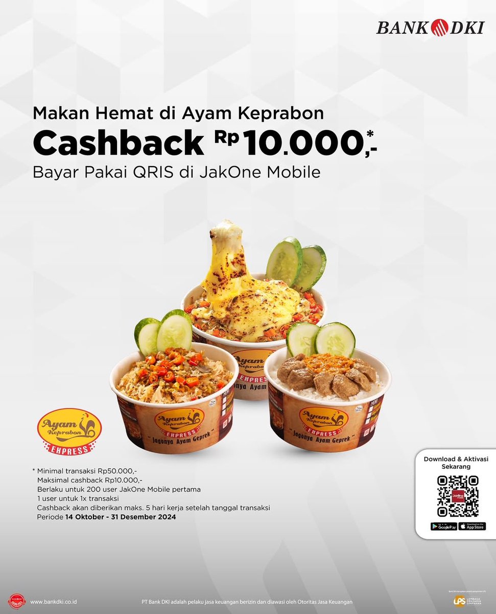 Nikmati Ayam Keprabon, Hemat Lebih Banyak! 🍽️

Bayar pakai QRIS di JakOne Mobile dan dapatkan cashback Rp10.000! Makan jadi lebih hemat, nikmat tetap maksimal. 😋 #PromoBankDKI #JakOneMobile #AyamKeprabon #Cashback #MakanHemat