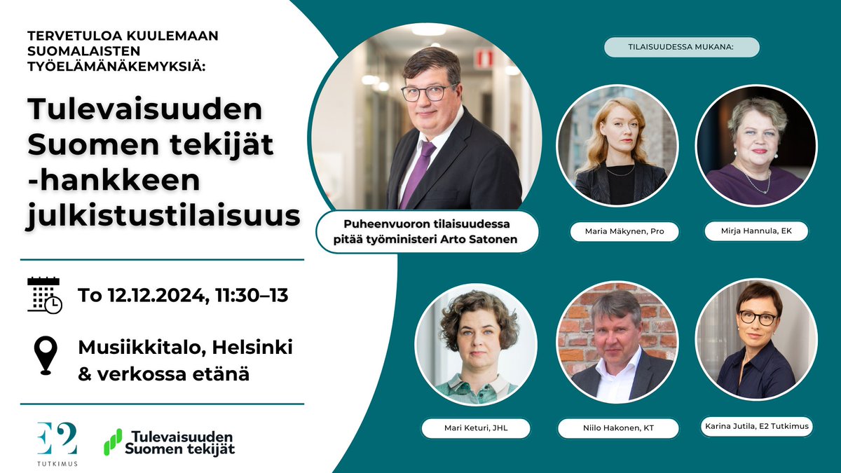Tervetuloa #TulevaisuudenSuomentekijät -tutkimushankkeen julkistustilaisuuteen to 12.12. klo 11:30 alkaen! 

👉Ilmoittaudu: bit.ly/tst-julkistus2…

Tutkimuksessa ja tilaisuudessa pureudutaan suomalaisten kokemuksiin ja näkemyksiin työelämän muutoksista.💼

Tilaisuudessa