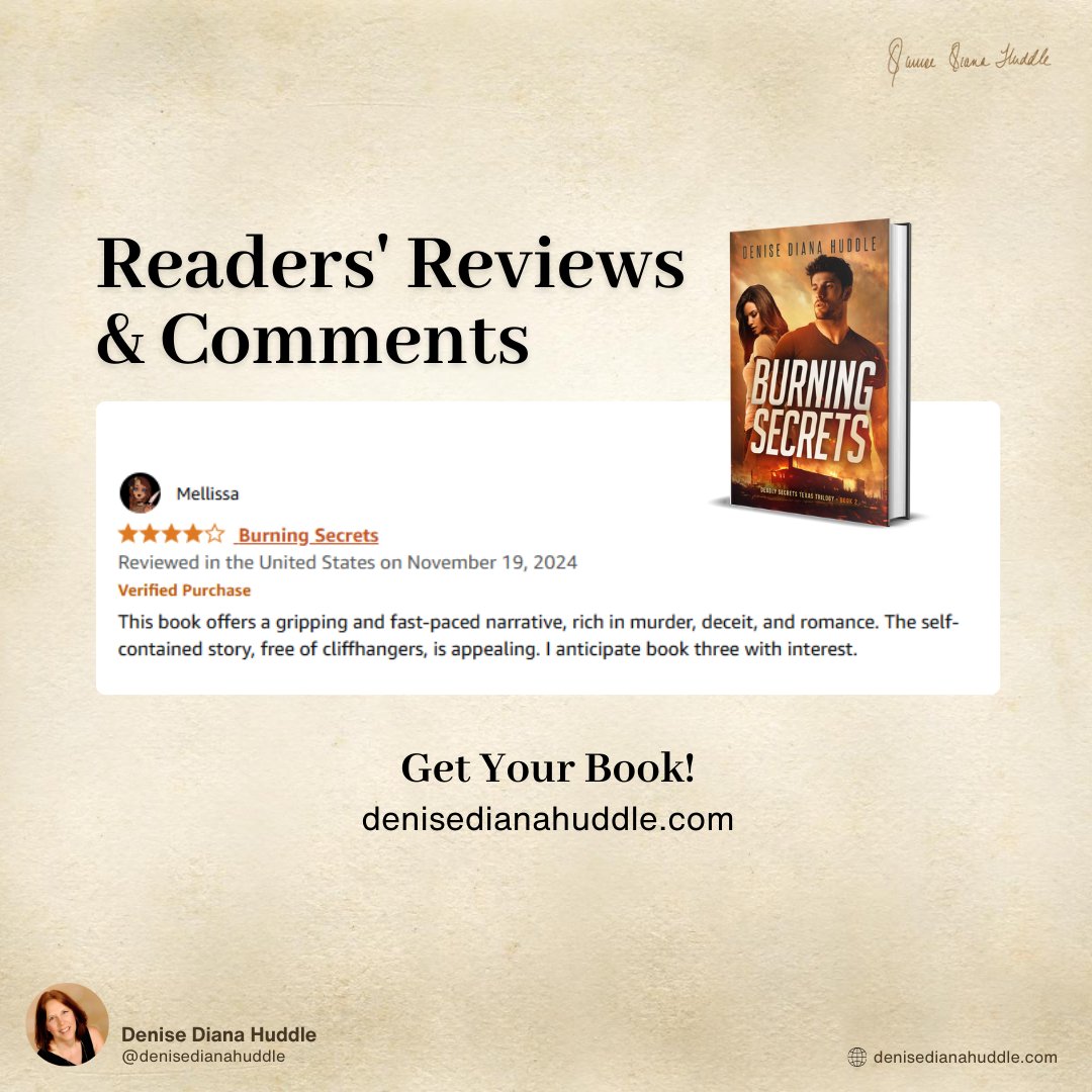 DeniseDHuddle's tweet photo. Your book review makes my day! Share your thoughts and recommendations with me—I'd love to hear what you're reading.
.
Get Your Book Now - https://t.co/kptXrHpGEU
Available on Amazon - https://t.co/BBp342O0al
#BurningSecrets #BookReview #AuthorsOfTwitter https://t.co/73PBIXLKnN