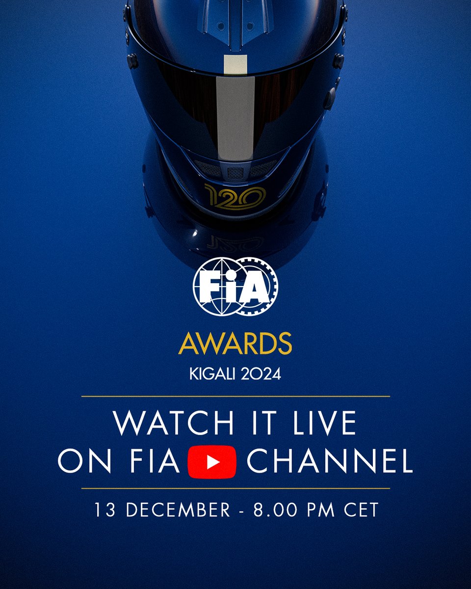 The 2024 FIA Awards ceremony will be held in Kigali, Rwanda for the first time in its history 🇷🇼 
Make sure to watch it live on the FIA YouTube channel - 13.12.2024, 8.00pm CET

#FIA