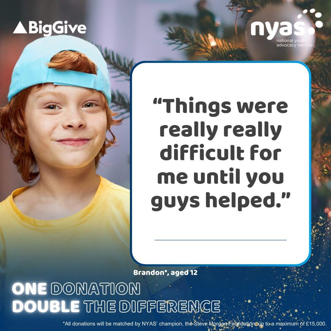 Brandon* missed his dad so much but felt like no one listened to him. Until NYAS did.💬

With a NYAS advocate, Brandon was heard, and he now sees his dad regularly.📢

This week, your donations are DOUBLED. Help children like Brandon this Christmas.👇🏻
bit.ly/DonateBigGiveN…