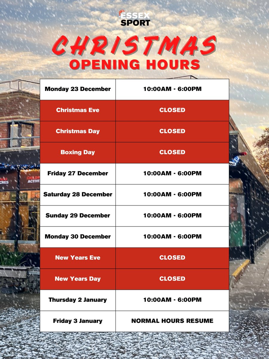 Christmas Opening Hours! ✨🎄

Make time for your fitness goals this festive season! 💪🎅 Check out our adjusted opening hours below. 🎁

#EssexSport | #UniversityofEssex
