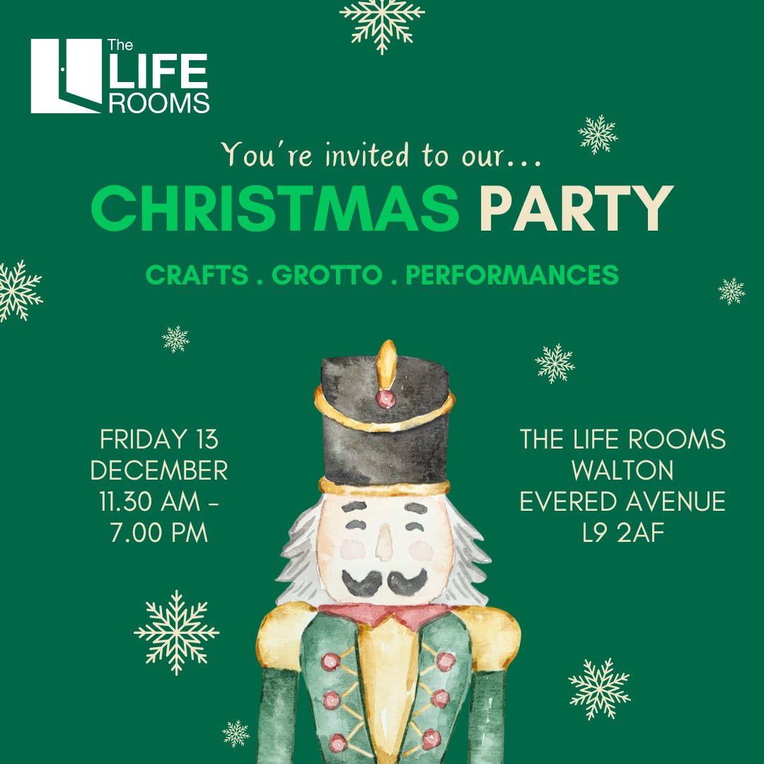 Save the date 🎄  

The Life Rooms Christmas Party is back on Friday 13 December, from 11.30am to 7pm. Join us for crafts, fun activities, Santa's Grotto, and festive performances. 

See you there 💚