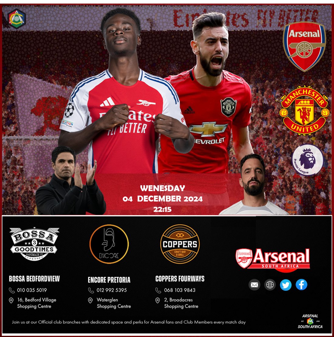 ArsenalSA's tweet photo. It's Match day...Its a Big one , as we clash with an old foe Man United at the Emirates 

Don't forget to catch the game at the following @ArsenalSA official branches to show support for the @Arsenal 

Coppers Craft Bar and Grill
Bossa Bedfordview
Encore. Menlyn

#coyg #arsenal https://t.co/9xhdH0B9vV