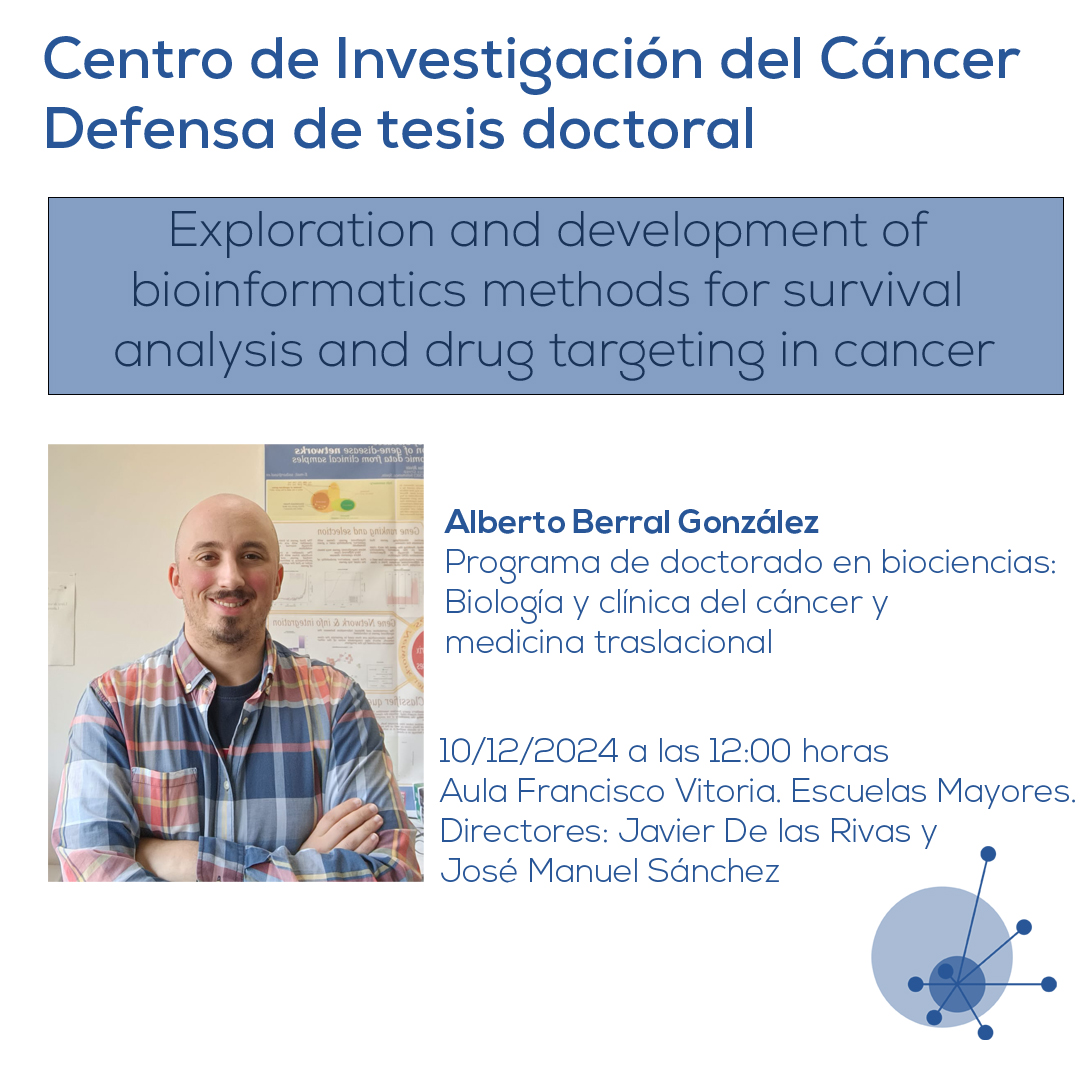 Centro de Investigación del Cáncer/CSIC-USAL-FICUS (@ciccancer) on Twitter photo Alberto Berral del <a href="/ciccancer/">Centro de Investigación del Cáncer/CSIC-USAL-FICUS</a> defenderá la tesis doctoral Exploration and development of bioinformatics methods for survival analysis and drug targeting in cancer el 10 de diciembre
cicancer.org/science-societ… Alberto Berral del <a href="/ciccancer/">Centro de Investigación del Cáncer/CSIC-USAL-FICUS</a> defenderá la tesis doctoral Exploration and development of bioinformatics methods for survival analysis and drug targeting in cancer el 10 de diciembre
cicancer.org/science-societ…