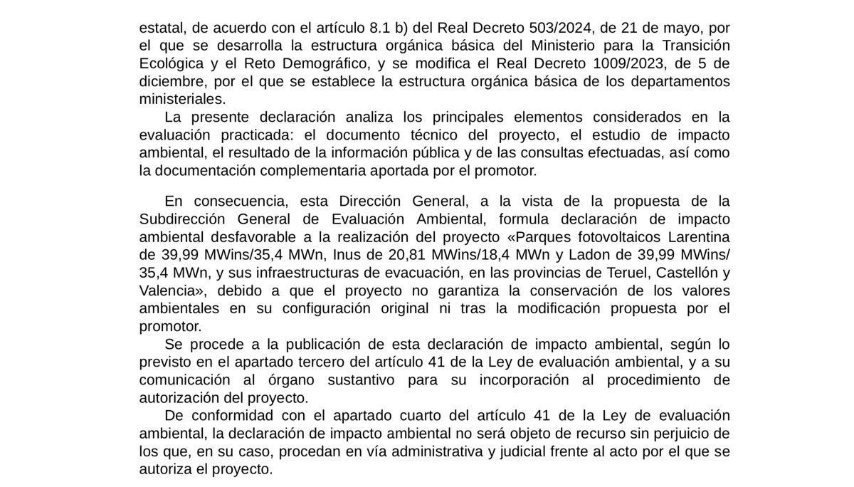 Declaració d’Impacte Ambiental DESFAVORABLE de parcs fotovoltaic en Teruel i de les línies d’evacuació per Castelló i València 👏👏 

boe.es/boe/dias/2024/…