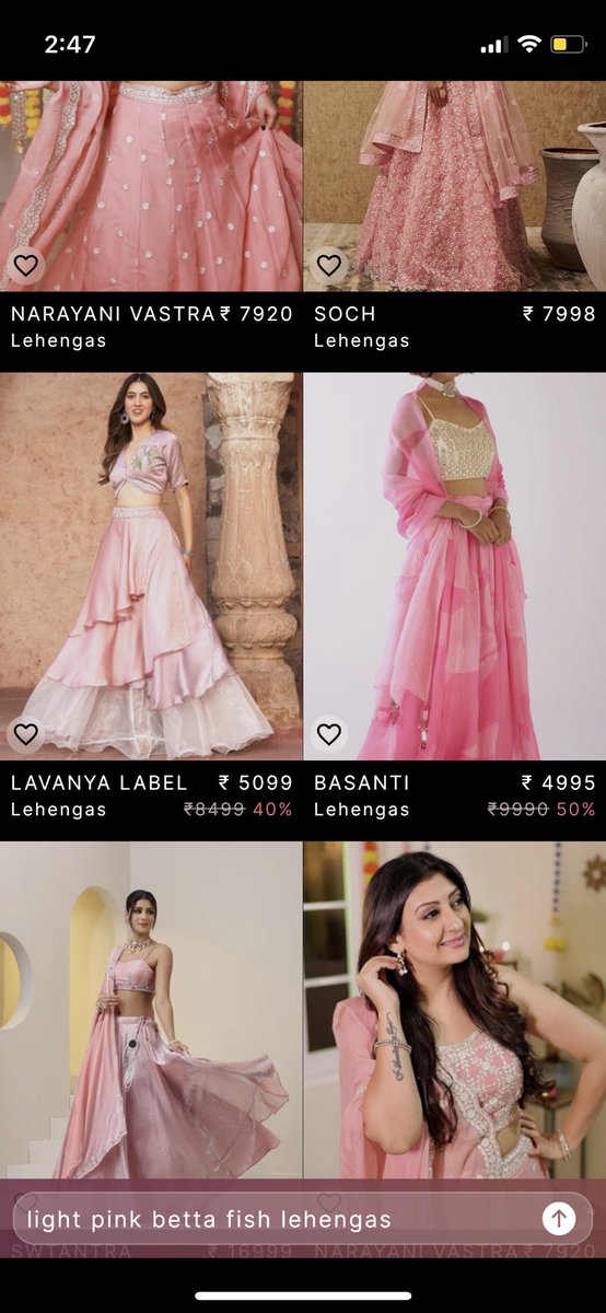 rbohra42's tweet photo. @WaniUrjita Tried ‘pink betta fish lehengas’ on ALT and let AI search do it’s thing - would say about 60% there. What say? https://t.co/rECNh6QTGK