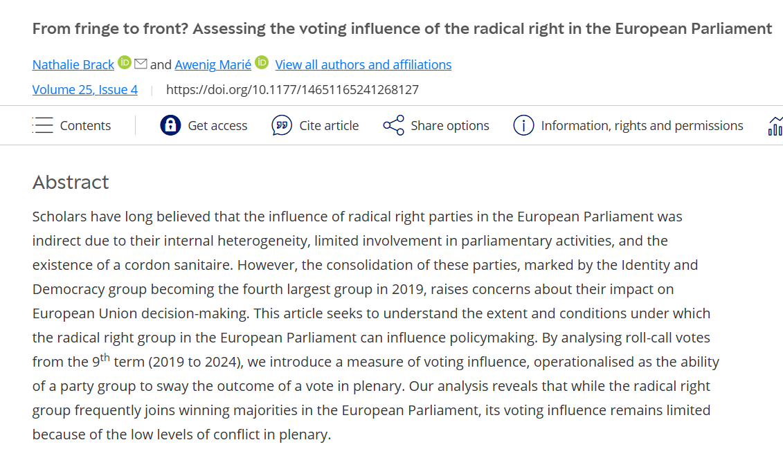 Nathalie Brack (@nathaliebrack) on Twitter photo Our article found a home in issue 25/4 of <a href="/EUP_TheJournal/">EUP_The Journal</a> :-)
It investigates the (voting) influence of radical right parties in the European Parliament - quite topical I would say in all immodesty
journals.sagepub.com/doi/abs/10.117… Our article found a home in issue 25/4 of <a href="/EUP_TheJournal/">EUP_The Journal</a> :-)
It investigates the (voting) influence of radical right parties in the European Parliament - quite topical I would say in all immodesty
journals.sagepub.com/doi/abs/10.117…