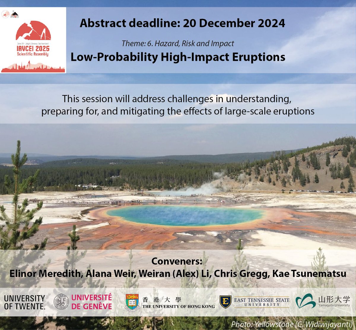 Working on big eruptions? 🌋Heading to the IAVCEI conference from 29 June to 4 July 2025? Why not submit your abstract to our Low-Probability High-Impact Events session before 20th December! 

Find out more here: on-line-form.eu/iavcei2025sa/a…

#IAVCEI #volcano #volcanicrisk #VEI7