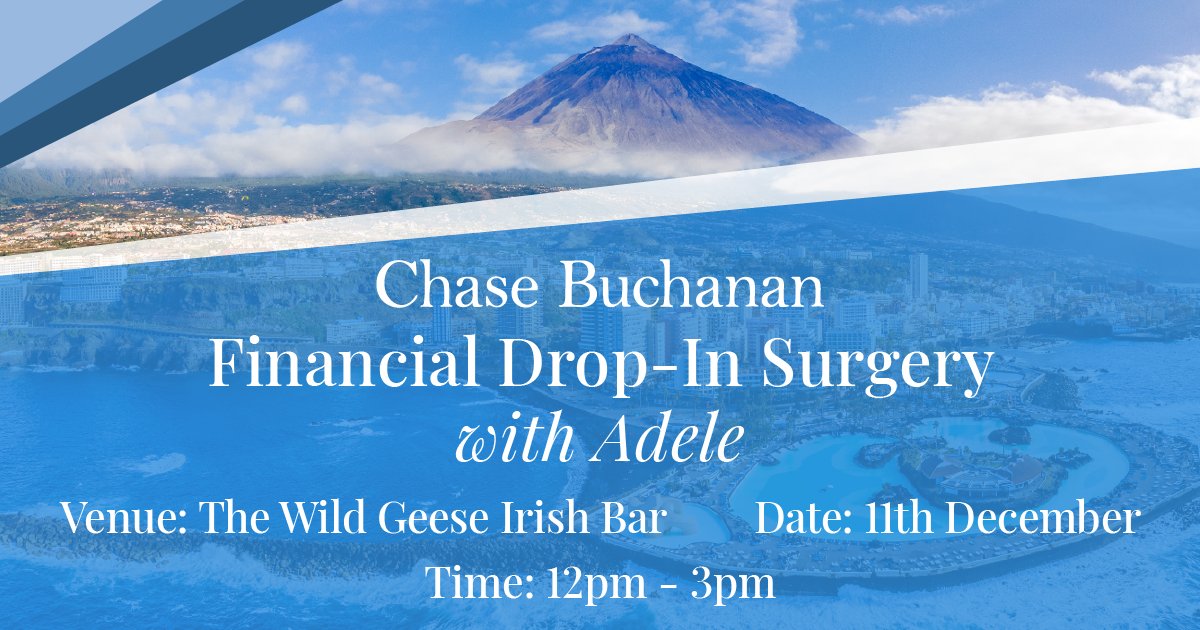 #Tenerife #expats are welcome to meet up with Private Wealth Manager Adele at her final drop-in financial surgery for the year at The Wild Geese Irish Bar next Wednesday, 11th December between 12 pm &amp; 3 pm, for #financial guidance &amp; expert advice. 🏴󠁧󠁢󠁳󠁣󠁴󠁿
#chasebuchananwm