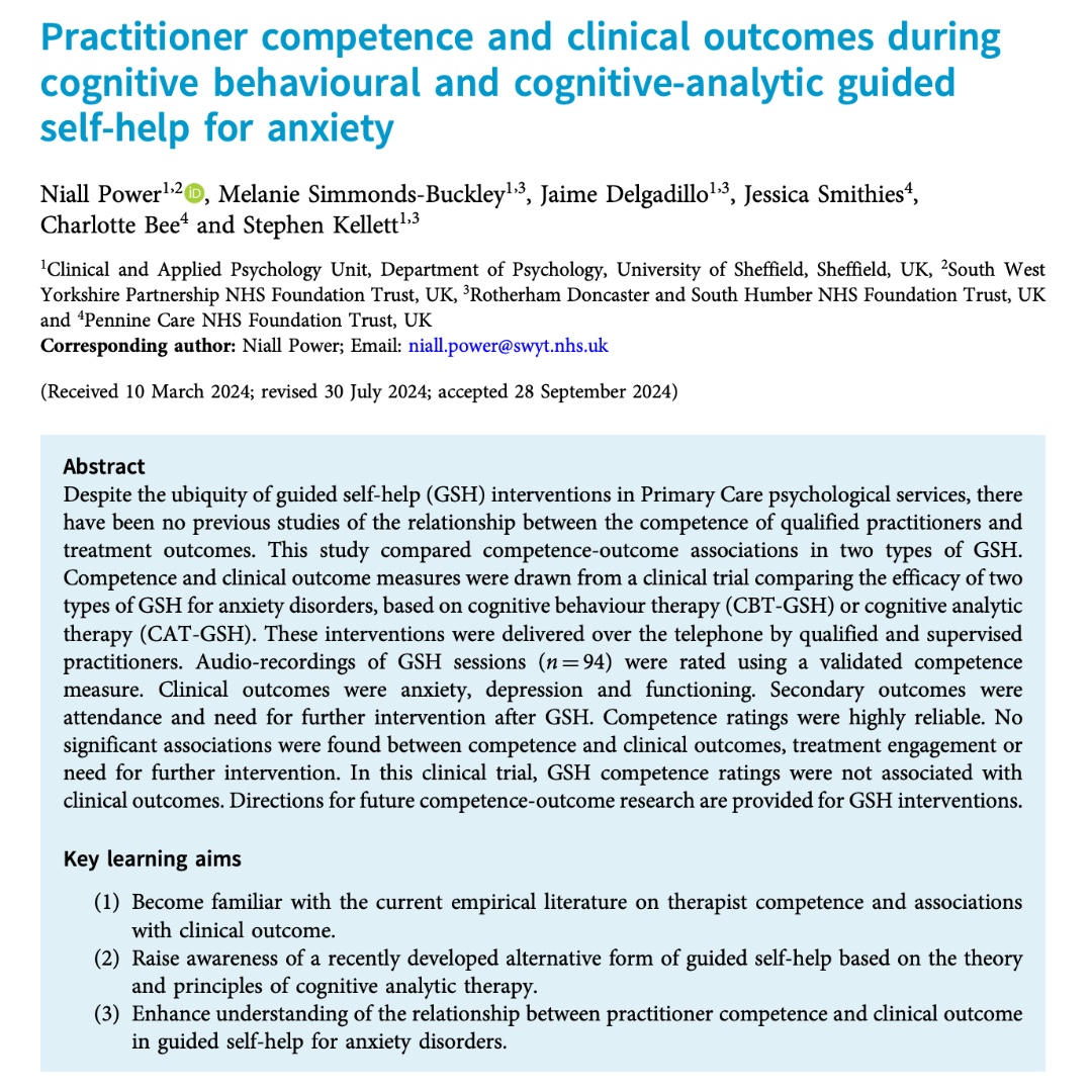 tCBT New Paper: Practitioner competence and clinical outcomes during cognitive behavioural and cognitive-analytic guided self-help for anxiety

Full free text at ow.ly/6e6q50UkAop