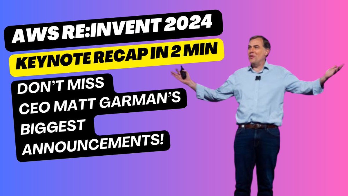 🚀 AWS re:Invent 2024 - CEO Matt Garman’s Keynote Biggest Announcements in 2 Minutes🔥: youtu.be/qMETD3HSzp8?si…

#aws #reinvent2024 #keynote #mattgarman #reinvent #recap #AWSCommunity