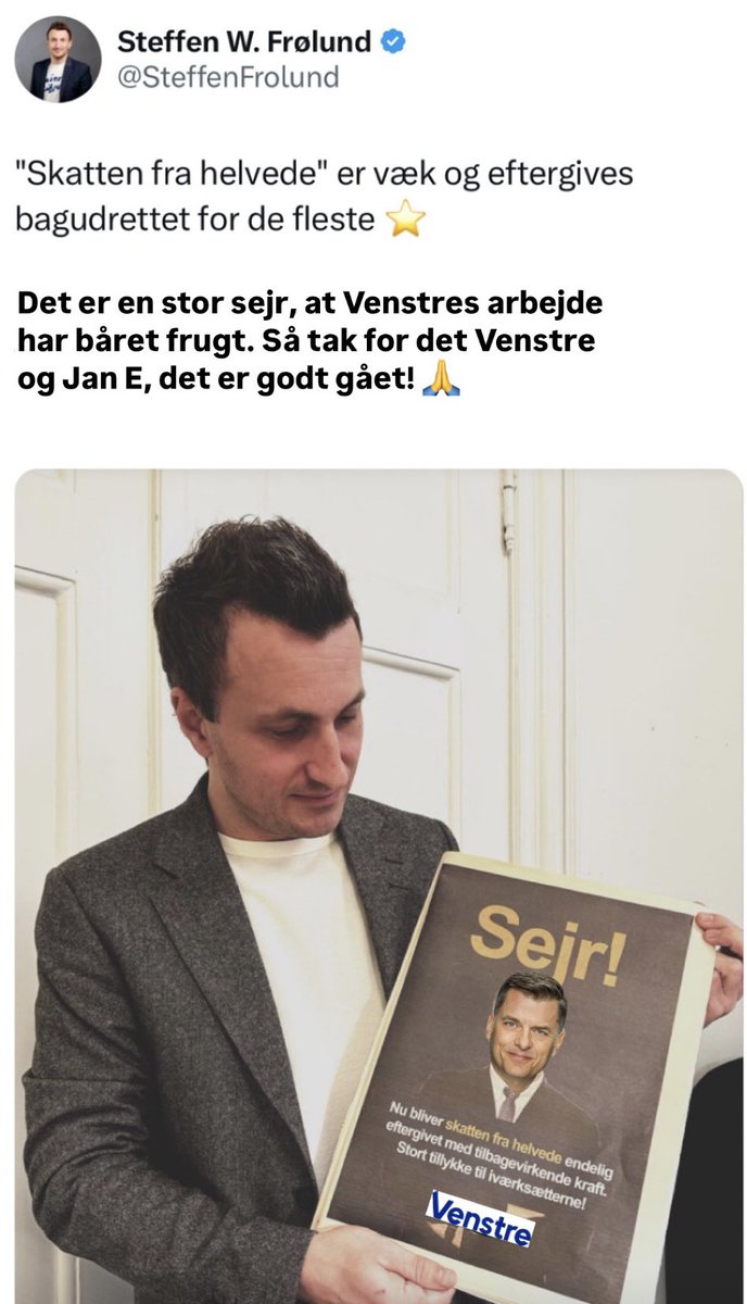Tak til <a href="/SteffenFrolund/">Steffen W. Frølund</a> for at anerkende <a href="/venstredk/">Venstre</a> og <a href="/JanEJoergensen/">Jan E. Jørgensen</a> arbejde for at få afskaffet "skatten fra helvede" med tilbagevirkende kraft. Så dejligt når LA anerkender deres venners hårde arbejde🙂 #dkpol #dkmedier