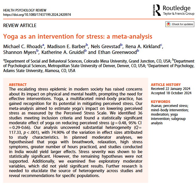 healthpsychrev's tweet photo. In this meta-analysis,  Rhoads and colleagues explored yoga as an intervention for stress, finding large amounts of heterogeneity in research.

Interested in where this heterogeneity comes from, including potential moderators? Find the full paper here: https://t.co/uZOBlBPyt6 https://t.co/NWMHX6JC2J