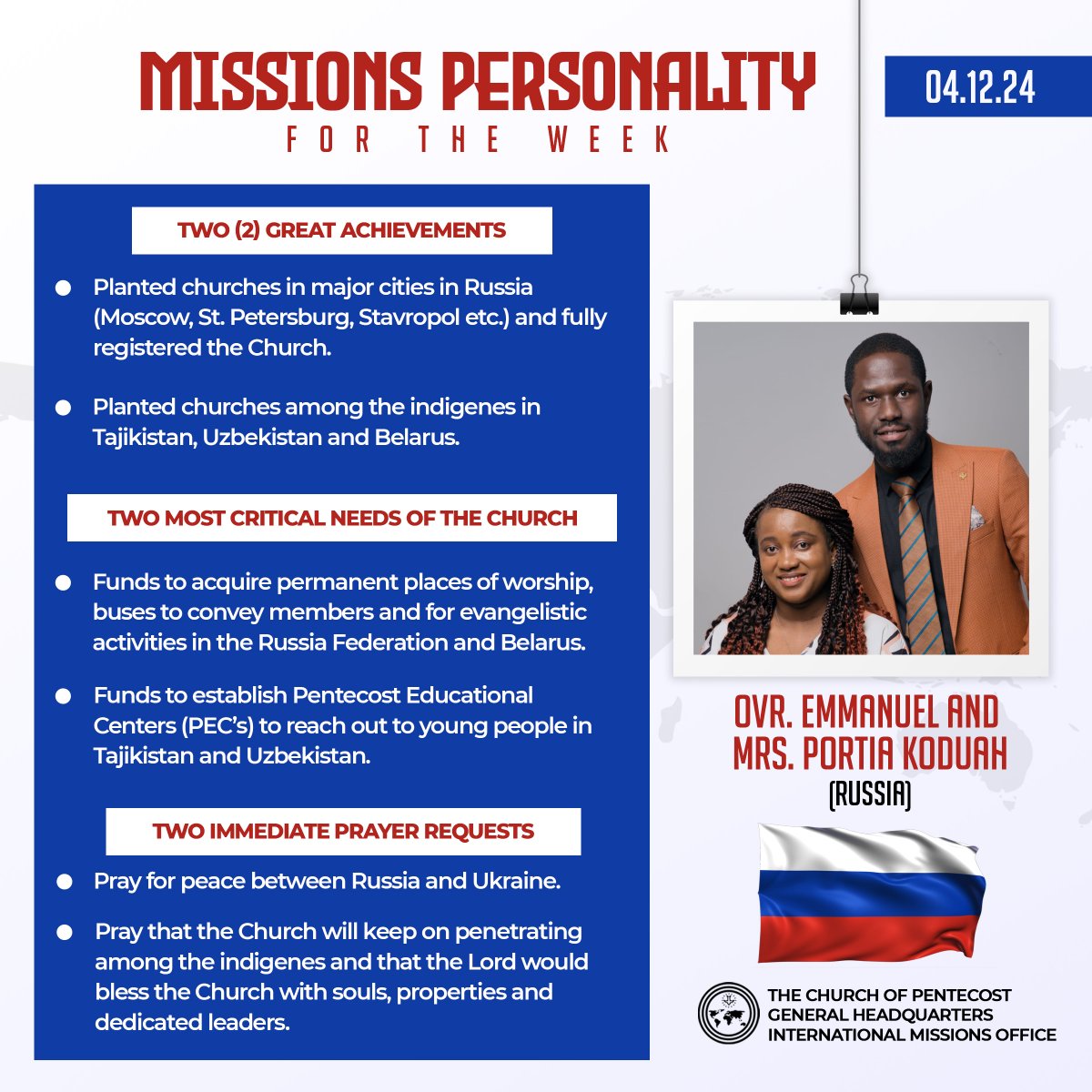 thecophq's tweet photo. Meet our Missions Personality for the Week โ Overseer Emmanuel & Mrs. Portia Koduah, serving in Russia ๐ท๐บ !
Letโs lift them up in prayer as they continue to make an impact for the Kingdom! โจ
#MPFTW | #PossessingtheNations https://t.co/hMnXRmNHXU