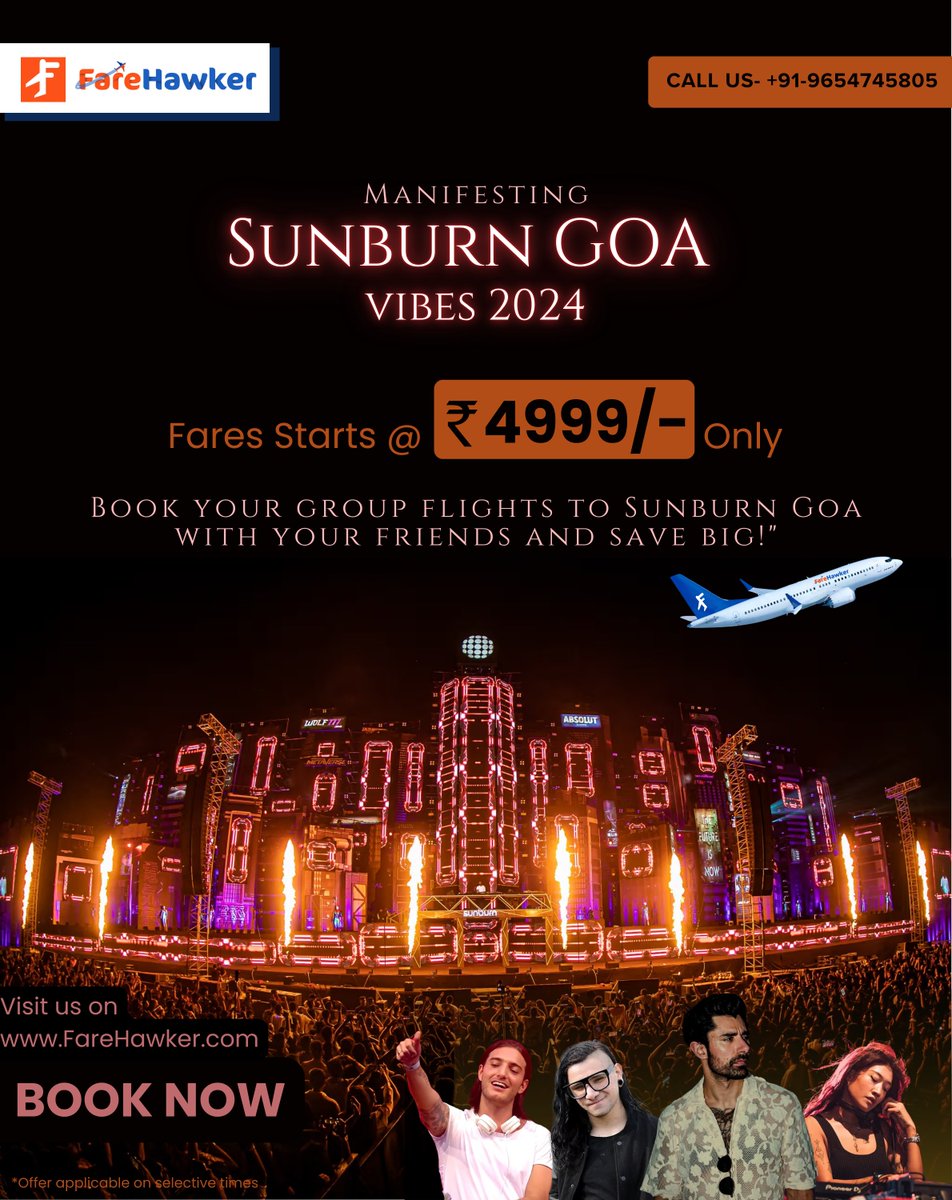 farehawker's tweet image. "Sunburn Goa ke vibes ready hai! 🔥🎧
Fares shuru @ ₹4999/- ONLY! 😍💸
Apne doston ke saath group flight book karo aur save big! 🛫💃

👉 FareHawker.com  📞 +91-9654745805 
#GoaCalling #Sunburn2024 #GenZVibes #PartyKaroFlightBookKaro #TravelGoals"
