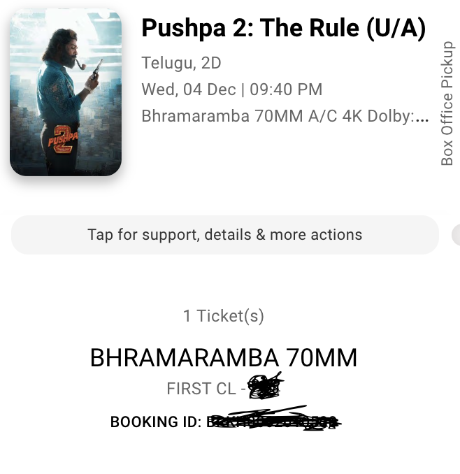 1 Premiere show ticket available Bramaramba theatre, Kukatpally, 9:40 pm with less than book my show price.

If anyone is interested, dm me(9885161700) 

#Pushpa2  
#Pushpa2TheRuleOnDec5th  
#AlluArjun 
#AssaluThaggedheLe 
#Pushpa2TheRuleBookings