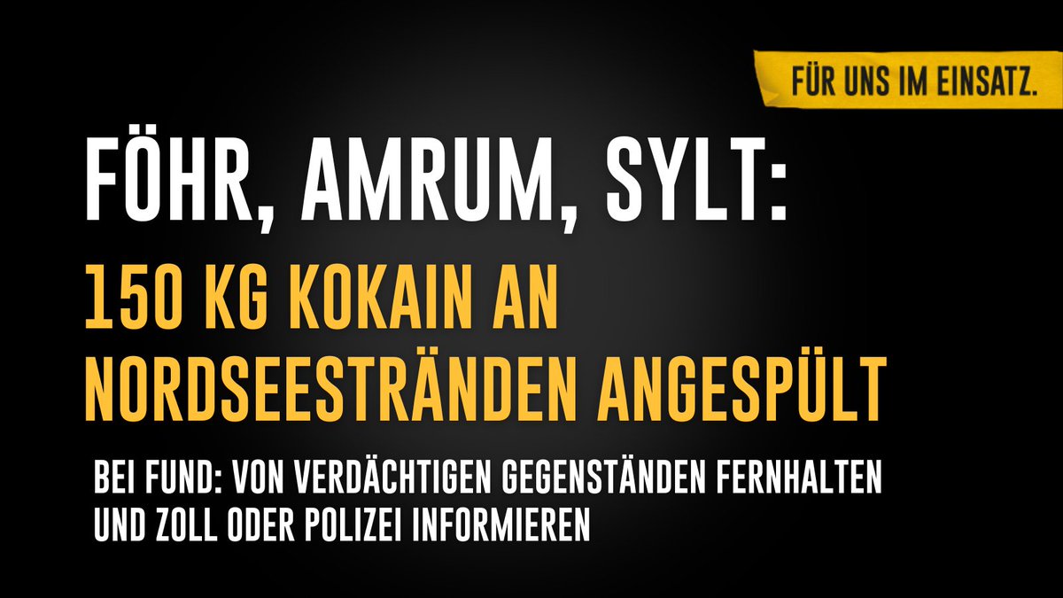 zoll_info's tweet image. 150 kg Kokain wurden in den vergangenen 3 Tagen an den Stränden von #Föhr, #Amrum und #Sylt entdeckt.

Aktuell führen Zoll &amp;amp; @SH_Polizei weitere Maßnahmen zur Absuchung der Strände durch.

Wenn Sie verdächtige Pakete finden: Halten Sie Abstand und informieren Zoll oder Polizei.