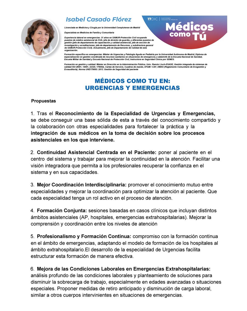 Os invitamos a leer y compartir las  propuestas de la Dra. Casado Florez, de #MedicosComoTu, en cuanto a Urgencias y Emergencias. 

Somos la única candidatura libre de intereses políticos y sindicales.   

Más información en medicoscomotu.com   

Recuerda que el 17 de