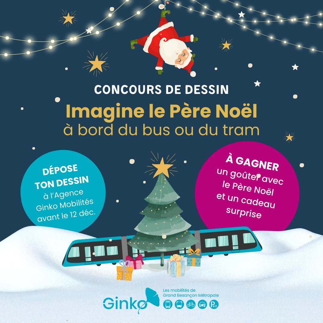 🎨 CONCOURS DE DESSIN 🎅🚊

📣 Imaginez et dessinez le Père Noël à bord du bus ou du tram.

🎁 À gagner, un goûter avec le Père Noël, qui ne viendra pas les mains vides !

> Dessin à déposer à l’Agence Ginko Mobilités avant le 12 décembre.
> Jeu réservé aux enfants de 4 à 10 ans.