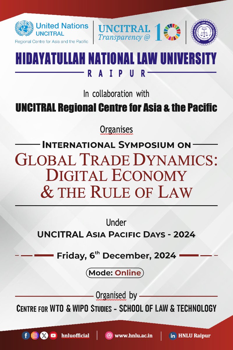 annajoubinbret's tweet image. Please join the 2024 AP Day with Hidayatullah National Law University @hnluofficial on “Global Trade Dynamics: Digital Economy and the Rule of Law” this Friday, 6 December from 10 to 17:30 (UTC+5:30)! 

Register by 5 December📩forms.gle/HdPznSurU1Hu6M…

#UNCITRAL #RCAP