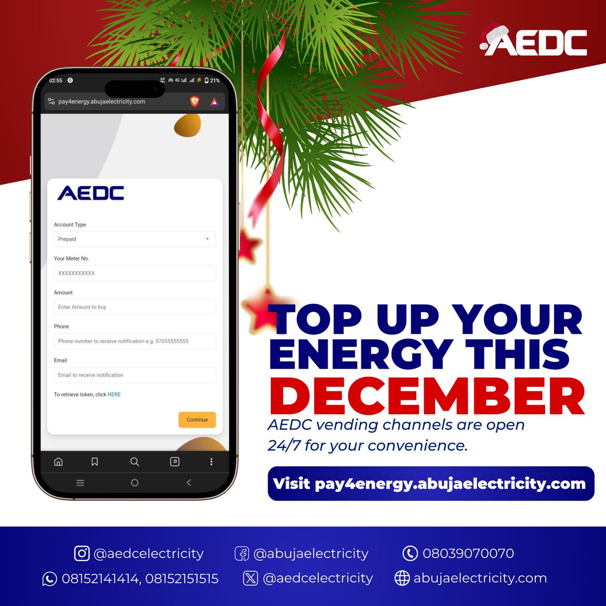 aedcelectricity's tweet image. No matter the time, our vending channels are just a click away!
Recharge at: pay4energy.abujaelectricity.com
#pay4energy
#AEDCConvenience 
#FestiveEnergy