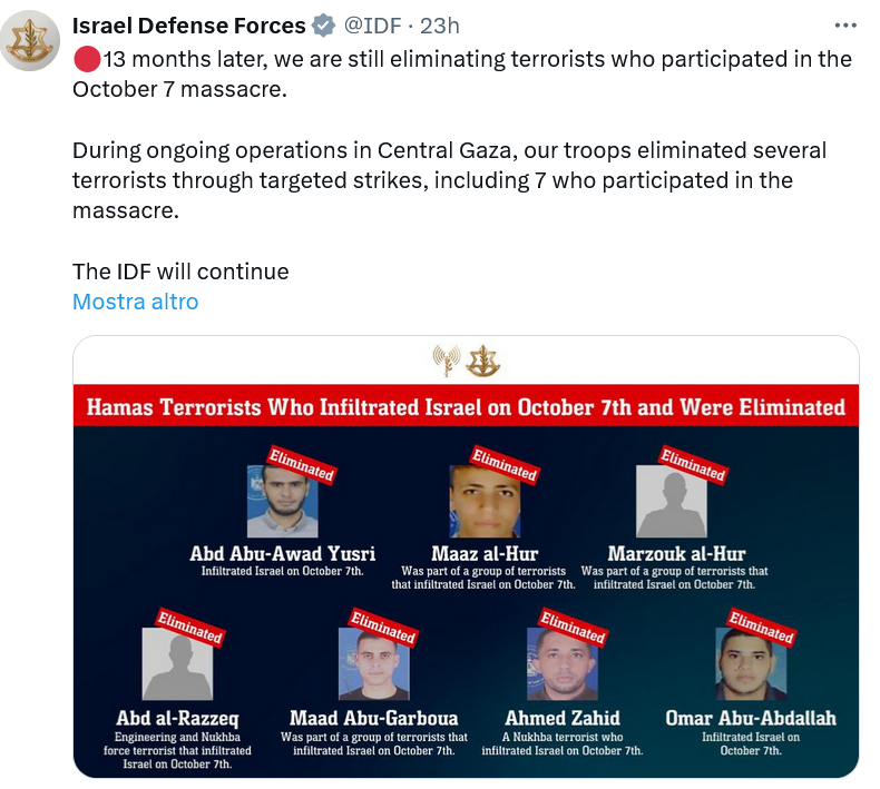 rafforiani's tweet photo. Ieri l'account Idf ci ha fatto sapere di avere eliminato sette membri di Hamas. Non ci ha detto niente invece della bambina a destra. Nemmeno #GazaScortamediatica ci dice niente. Ma torneranno ad alzare il ditino alla prossima parola stonata. Che vergogna. https://t.co/6So3m3KBjp