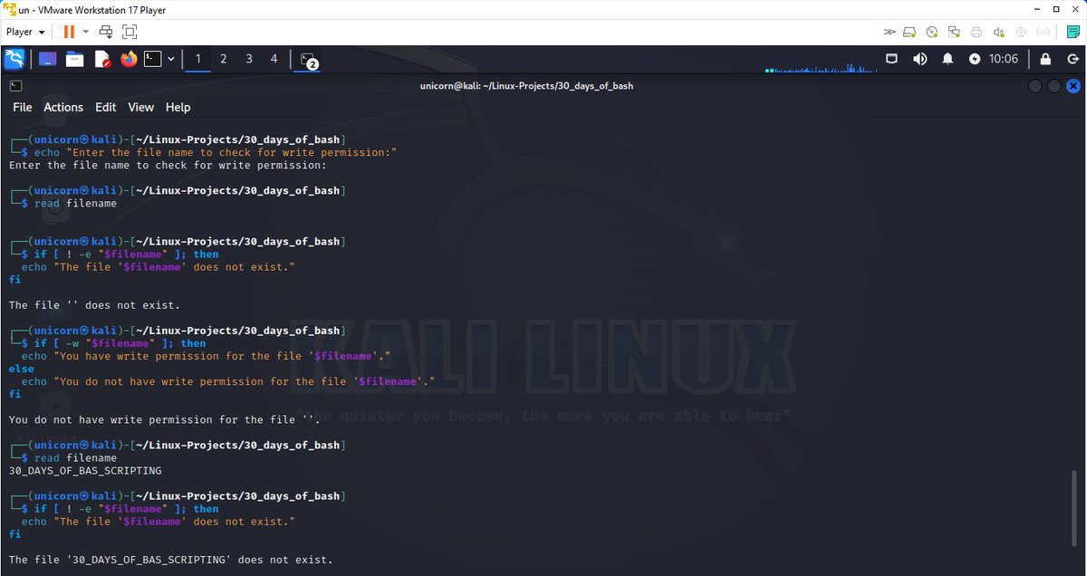 cyber_with_tega's tweet image. Day 4
#30daysofbashscripting 
@akintunero 

Conditional statement
I learnt how to use the if statement 
and various operators that follow
This is sure a start while I&apos;m still grasping how to use the syntax properly as kali is sensitive to mistakes with whitespace