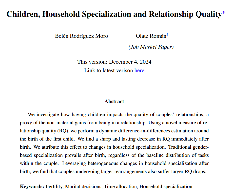 Olatz Román (@olatz_roman) on Twitter photo Couples rearrange their time after having a child—but what happens to their relationship? My JMP w/<a href="/belenininina/">Belén Rodríguez</a> introduces a novel measure of relationship quality (RQ). We find a sharp, lasting RQ decline after birth, driven by shifts in household specialization. 1/11 Couples rearrange their time after having a child—but what happens to their relationship? My JMP w/<a href="/belenininina/">Belén Rodríguez</a> introduces a novel measure of relationship quality (RQ). We find a sharp, lasting RQ decline after birth, driven by shifts in household specialization. 1/11