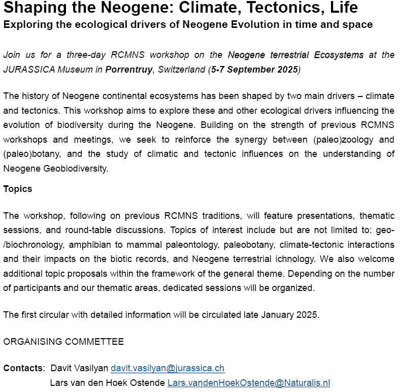 JURASSICAMuseum's tweet image. 🚨 Save the Date! 🚨
Join us in Porrentruy, Switzerland, 5–7 Sept 2025, for the next RCMNS workshop, "Neogene Terrestrial Ecosystems" 🌍 Explore the forces driving Neogene terrestrial ecosystems. Connect, share insights, &amp;amp; learn!
#Neogene
Contact: davit.vasilyan@jurassica.ch