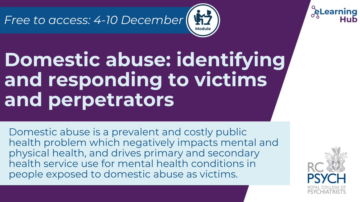 RCPsych eLearning Hub (@rcpsych_elearn) on Twitter photo In honour of the #16DaysOfActivism2024 against gender-based violence, we are highlighting our CPD module 'Domestic abuse: identifying and responding to victims and perpetrators'.
Free to access from 4-10 December on the eLearning Hub: bit.ly/3CWj5iZ
<a href="/womeninmindUK/">Women in Mind UK</a> In honour of the #16DaysOfActivism2024 against gender-based violence, we are highlighting our CPD module 'Domestic abuse: identifying and responding to victims and perpetrators'.
Free to access from 4-10 December on the eLearning Hub: bit.ly/3CWj5iZ
<a href="/womeninmindUK/">Women in Mind UK</a>