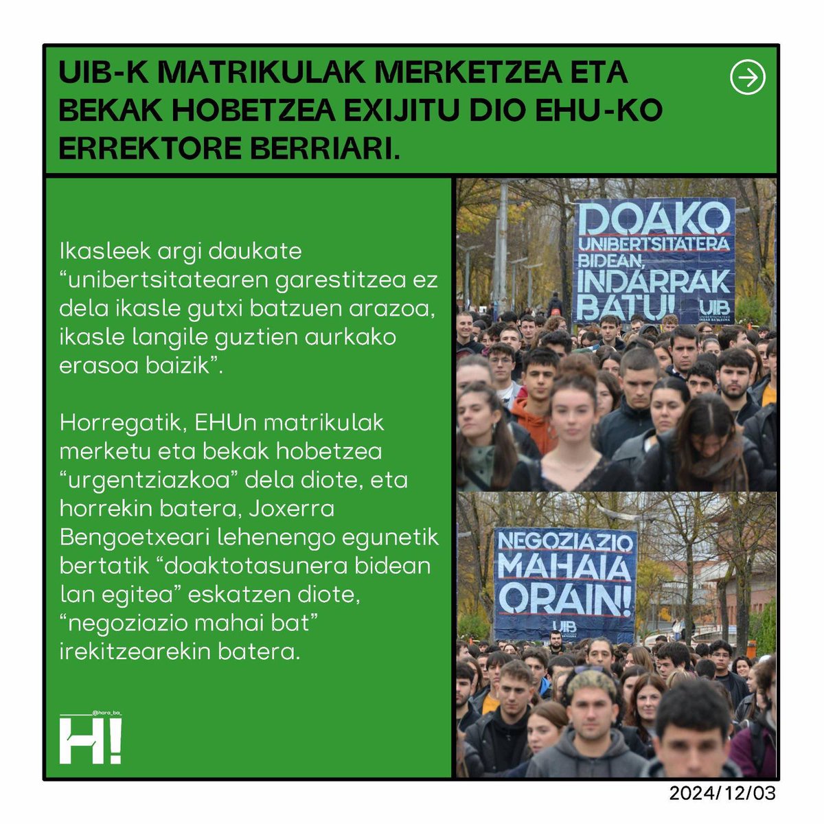 📢 | UIB-k matrikulak merketzea eta bekak hobetzea exijitu dio EHU-ko errektore berriari.