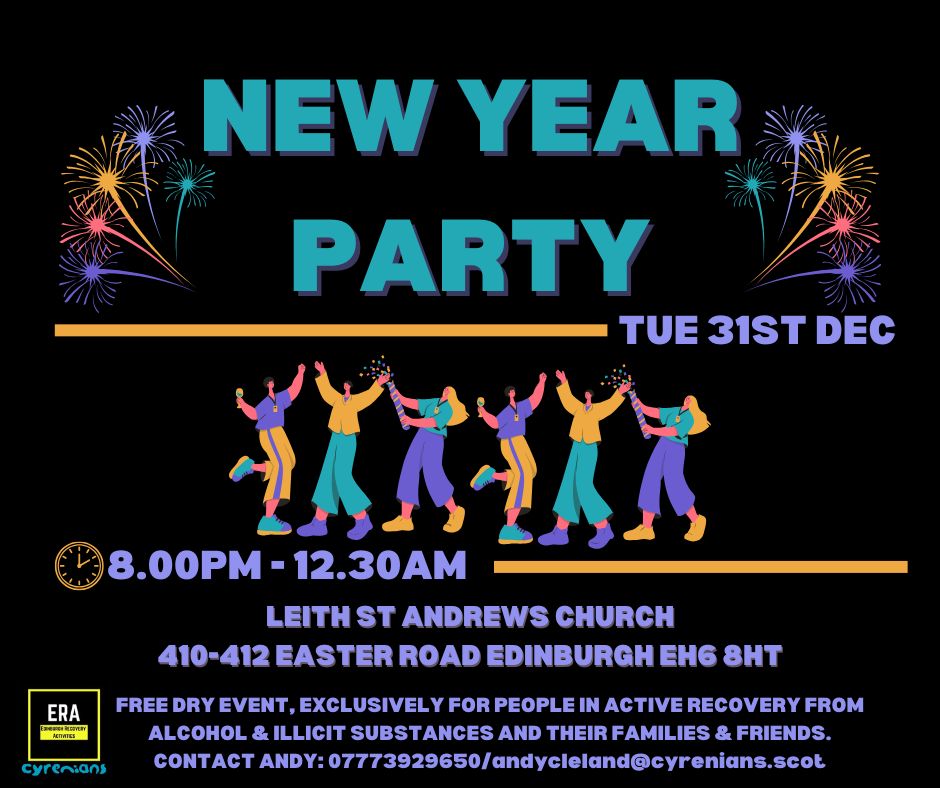 Ain't no party like an ERA party!!!! 

Our New Year's Eve party is back this year! Open to everyone in recovery, their family and friends 

No tickets required but if you have any questions get in touch with Andy or send us a DM. This is a dry event providing a safe space.