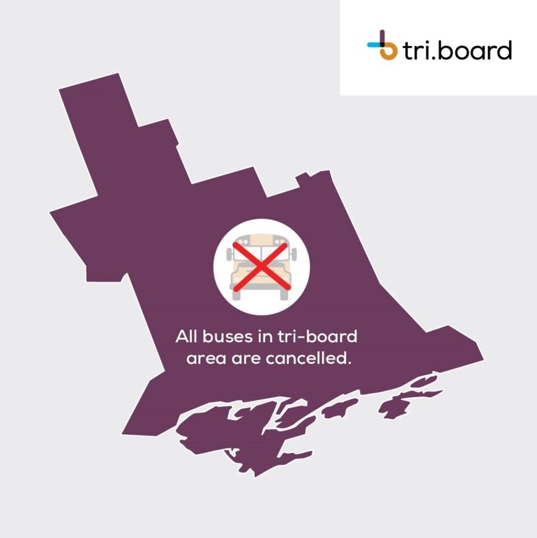 December 4, 2024: 

Due to current and forecasted inclement weather conditions all school bus and taxi transportation is cancelled in the Tri-Board Student Transportation Services area today. 

1/3