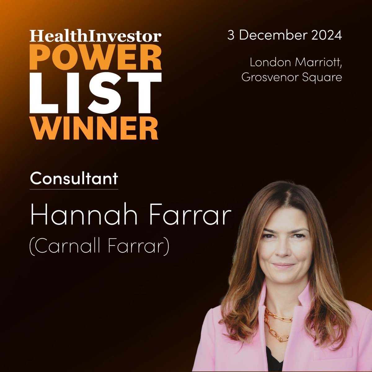 Incredibly proud to celebrate @hannahjfarrar winning the Consultant category in this year’s <a href="/HealthInvestor/">HealthInvestor UK</a>  Power List. A proud moment for <a href="/Carnall_Farrar/">CF</a> too, showcasing our growing impact. ✨

Find out more here: carnallfarrar.com/hannah-farrar-…

#HIPowerList24