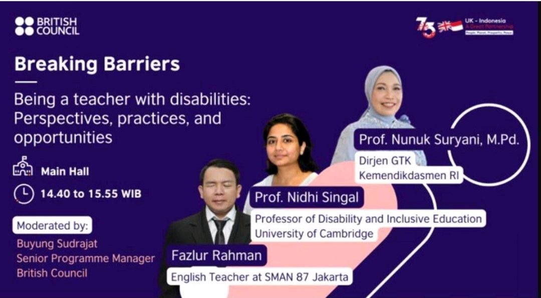 CaNDER (@cander_research) on Twitter photo #IDPD2024
Join us for this hybrid event with the <a href="/BritishCouncil/">British Council</a> Indonesia to explore the barriers faced by teachers with disabilities, promote solutions for a more inclusive work environment, and celebrate their achievements.
Date: 05/12/2024
Register: shorturl.at/98fAg #IDPD2024
Join us for this hybrid event with the <a href="/BritishCouncil/">British Council</a> Indonesia to explore the barriers faced by teachers with disabilities, promote solutions for a more inclusive work environment, and celebrate their achievements.
Date: 05/12/2024
Register: shorturl.at/98fAg