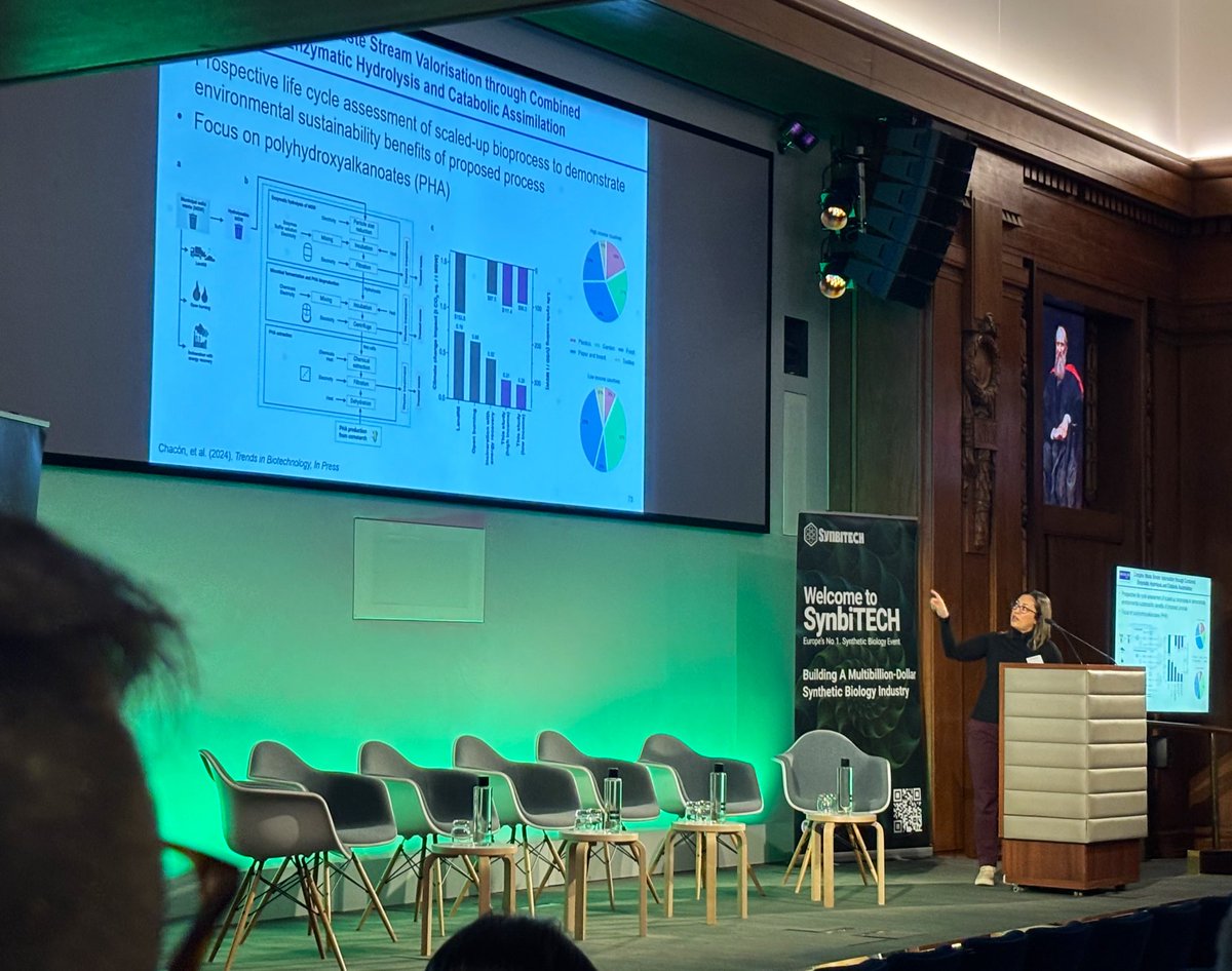 ProfTomEllis's tweet photo. Now at #SynbiTECH we’re getting an expert deep-dive from Rosa Cuellar-Franca into LCAs for engineering biology applications like bioplastics production from fermenting waste. Insightful stuff. Lots to consider https://t.co/bsszVpQWYX