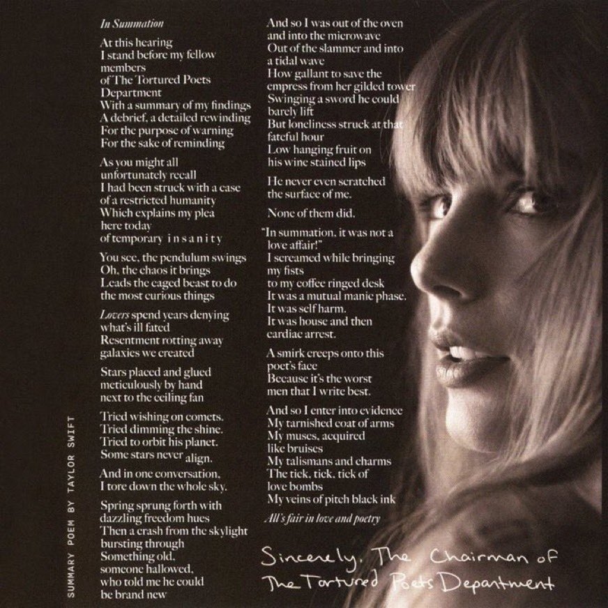 kaiamal13's tweet image. the ‘in summation’ poem is one of my favorite pieces of her writing ever, oh how i wish everyone would read it before listening to TTPD, or even after - it basically explains the entire album, almost like it’s the missing puzzle for those who haven’t looked deeper into it yet