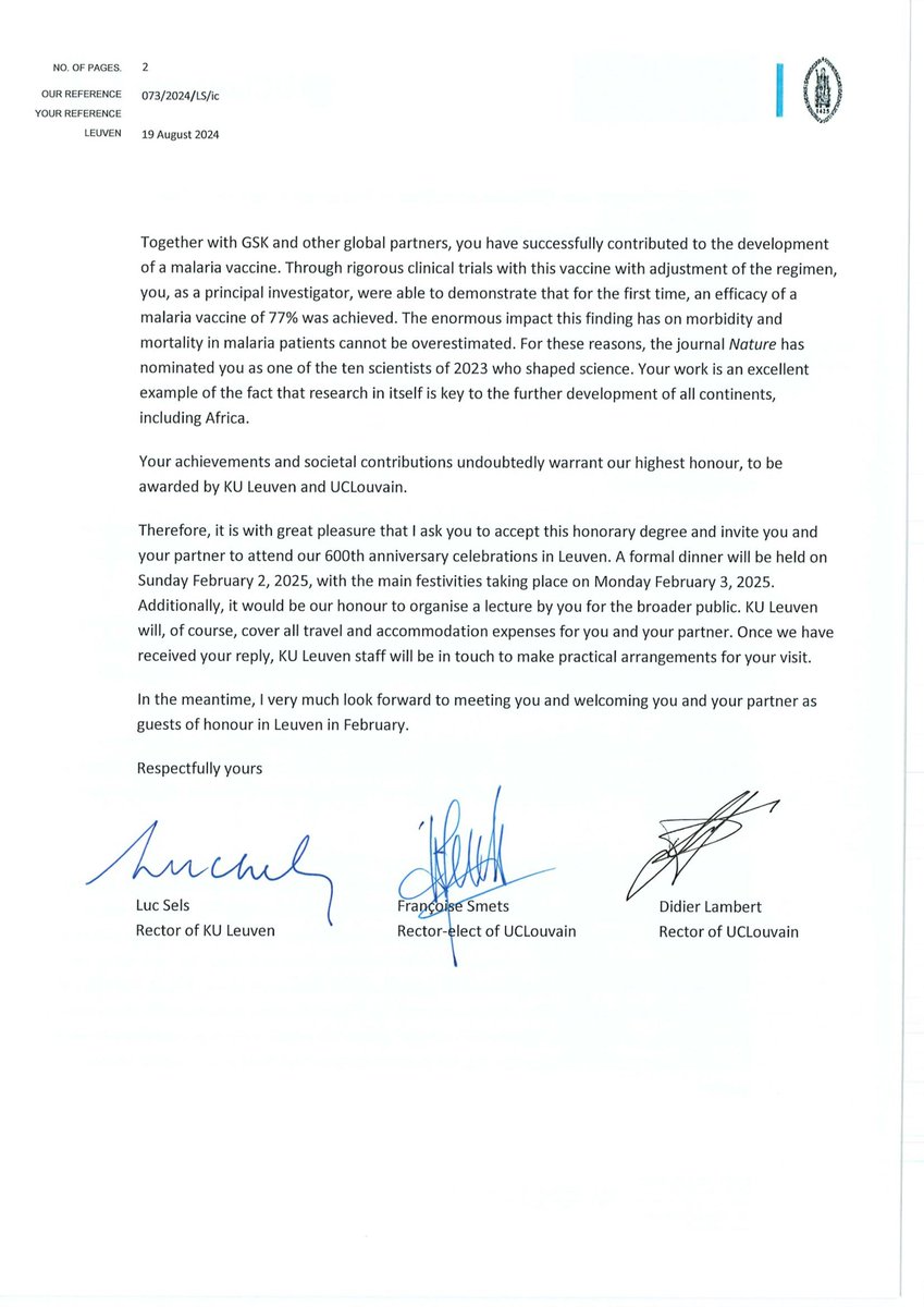 🌟 Bravo au 𝗗𝗿 𝗛𝗮𝗹𝗶𝗱𝗼𝘂 𝗧𝗶𝗻𝘁𝗼!
En 2025, Dr Tinto recevra le prestigieux titre de 𝗗𝗼𝗰𝘁𝗲𝘂𝗿 𝗛𝗼𝗻𝗼𝗿𝗶𝘀 𝗖𝗮𝘂𝘀𝗮 des universités KU Leuven et UCLouvain, saluant son impact exceptionnel dans la lutte contre le paludisme et ses contributions en santé publique.
