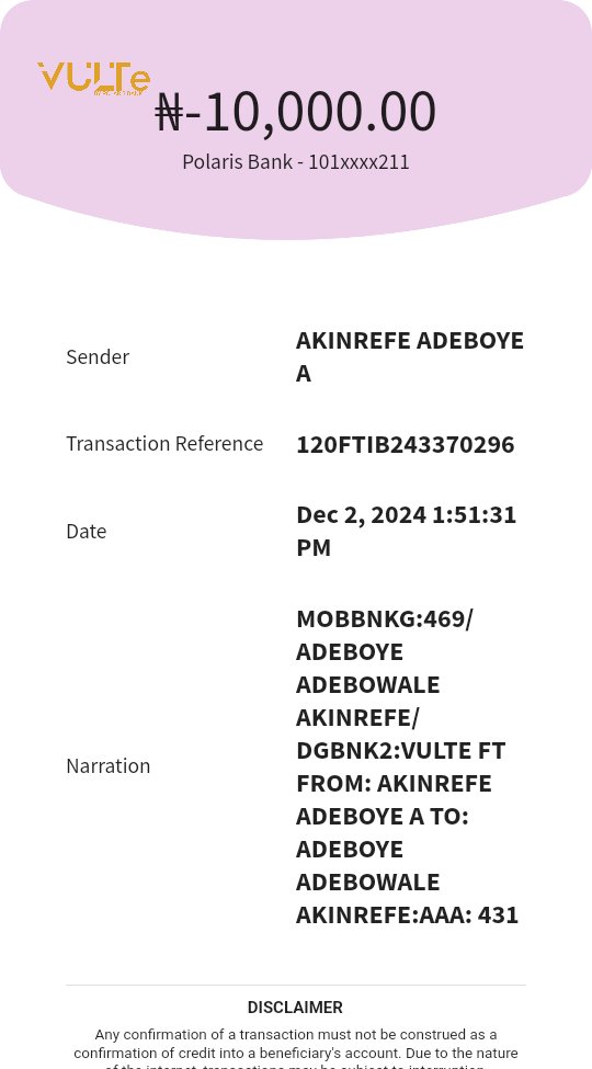 adefemiadebowa3's tweet photo. #polaris I did a transfer from my vulte app to my palmpay and am yet to be credited since Monday,I have been waiting to get credited back into my vulte account or my palmpay.This is Receipt of the transaction. your can reach me on 08146712661 
1010791211akinrefe Adebowale https://t.co/vM5AzxNSyL