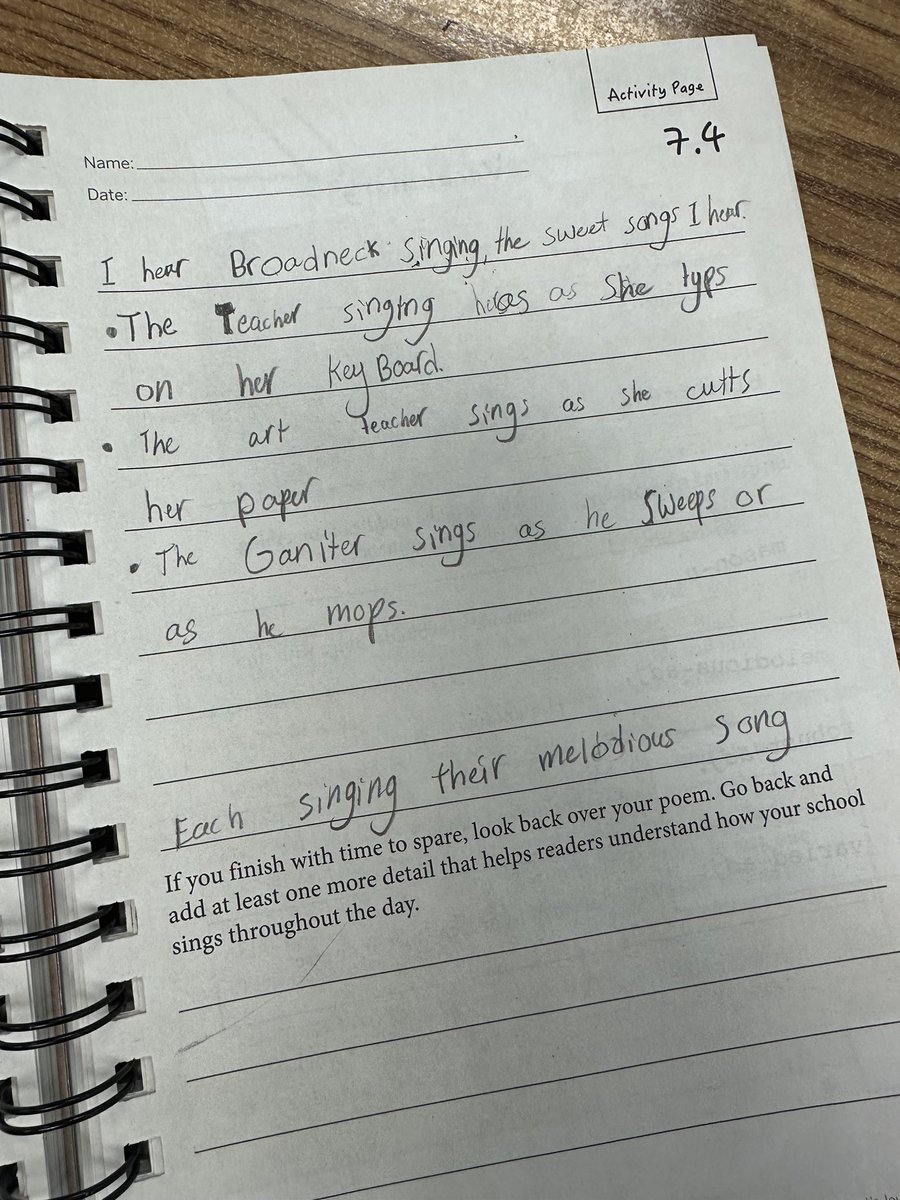 BroadneckES's tweet photo. In the 4th graders Poetry Unit, we are studying Walt Whitman’s “I Hear America Singing.” Our Broadneck Bees write their own poem, “I Hear Broadneck Singing”! @aacountyschools @AACPSeril #belonggrowsucceed #togetherweshine https://t.co/Bu13n0CmKW