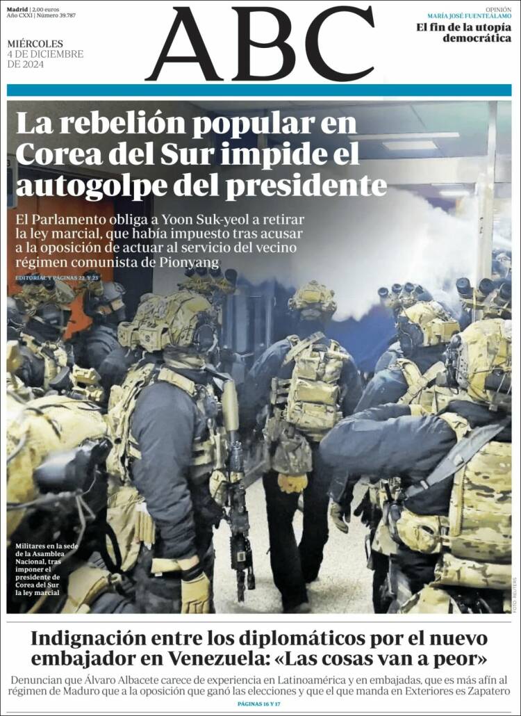FabienCazenave's tweet photo. Revue de presse européenne du mercredi 4 décembre 2024 #EUpress 
- Beaucoup de médias européens ont fait leur Une avec la situation très confuse en Corée du Sud et des militaires dans les couloirs du parlement https://t.co/hGoj9GUPhP