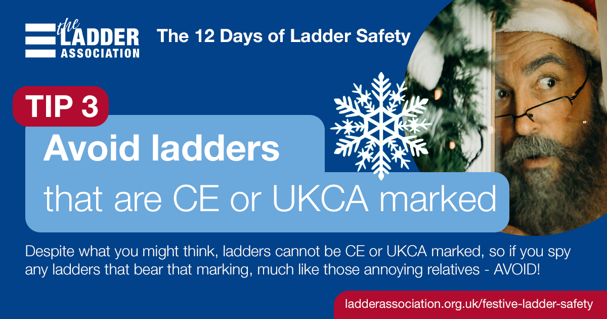 📣 Tip 3 of 12 - Avoid ladders that are CE or UKCA marked!
This festive season we’re reminding you to take extra care when buying ladders online with our ‘12 Days of Ladder Safety’ top tips! Here’s how you can find yourself a cracker: ecs.page.link/VX15L 
#festiveladdersafety