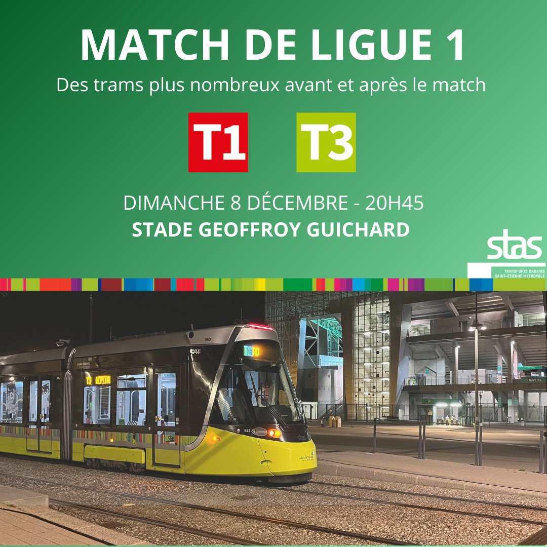 Ce soir, retrouvez les verts au Chaudron !💚 

+ de trams T3 avant et en sortie de match pour vous permettre d’assister au match opposant l’ASSE à Marseille à 20h45 ! 

+ d'infos : reseau-stas.fr