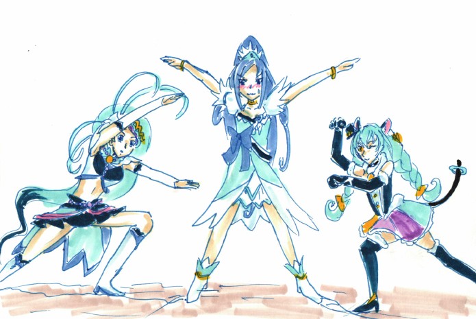 菱川六花 「サンバルカンがトレンドなので便乗過去絵。鷲・鮫・豹ではなく、燕・海豚・猫だけど。」|沖庵のイラスト