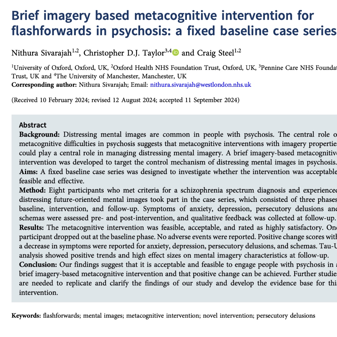 BCP New FirstView Paper: Brief imagery based metacognitive intervention for flashforwards in psychosis: a fixed baseline case series

Full free text at ow.ly/htUC50UkAvO