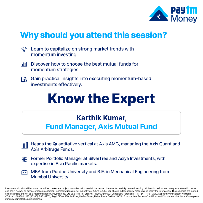 PaytmMoney's tweet photo. Want to embrace the bull market wave? Join our live event with expert Karthik Kumar, Fund Manager, @AxisMutualFund, and learn the intricacies of #MomentumInvesting strategies through #MutualFunds.

🗓️- 5th December, Tomorrow
⏰- 4 PM

#LearnWithPaytmMoney #PaytmMoney #BullMarket